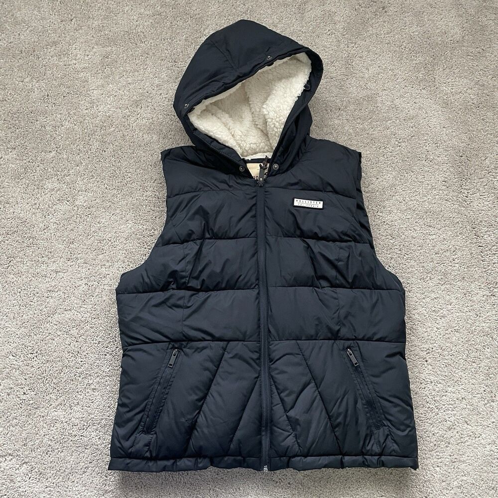 VTG Y2K Hollister Womens Full Zip Sherpa-Lined Hooded Puffer Vest XL Navy Blue